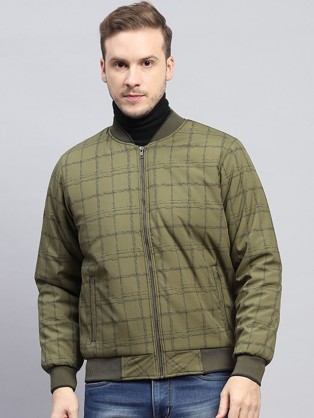 

Monte Carlo Men Stand Collar Checked Casual Bomber Jacket, Olive