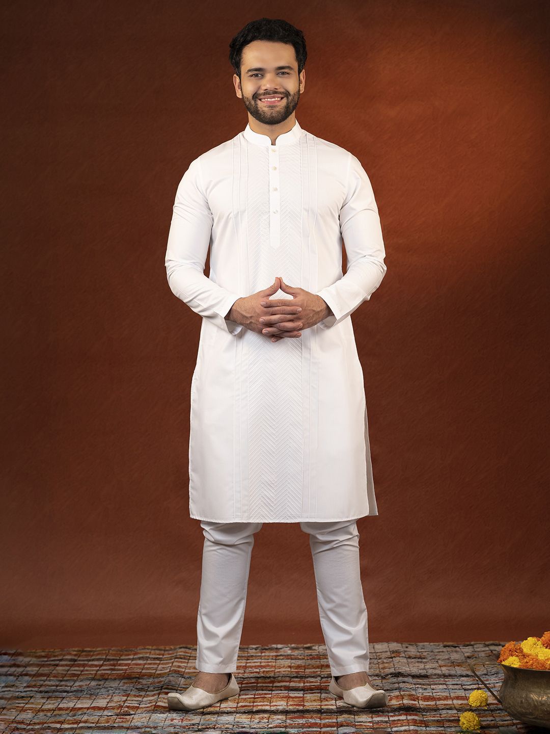

TheEthnic.Co Floral Embroidered Pure Cotton Straight Kurta with Trousers, White