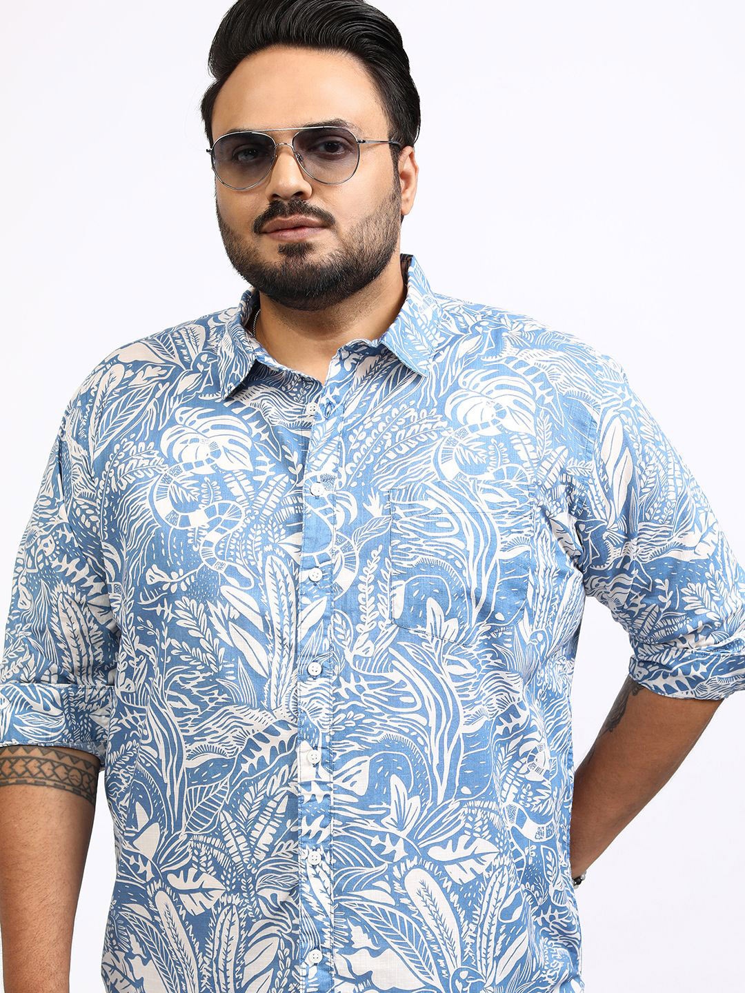 

HIGHLANDER Men Plus Size Cutaway Collar Floral Printed Cotton Relaxed Fit Casual Shirt, Blue