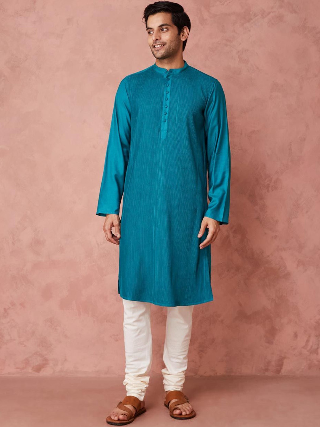 

Fabindia Striped Printed Mandarin Collar Straight Kurta, Teal