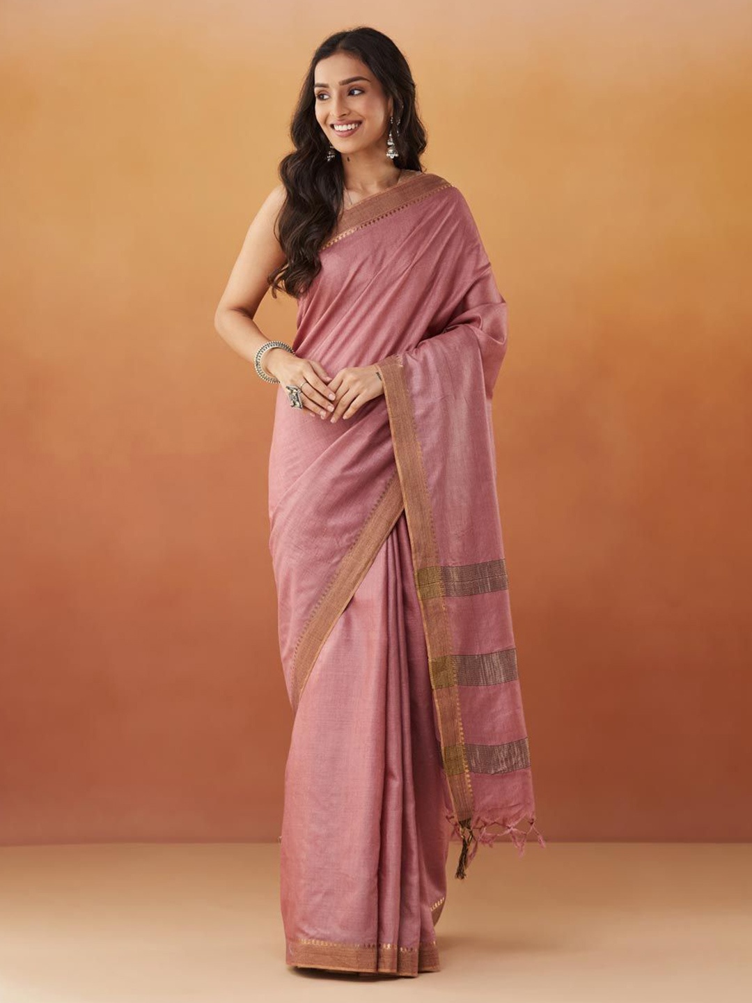 

Fabindia Solid Saree With Zari Border, Pink