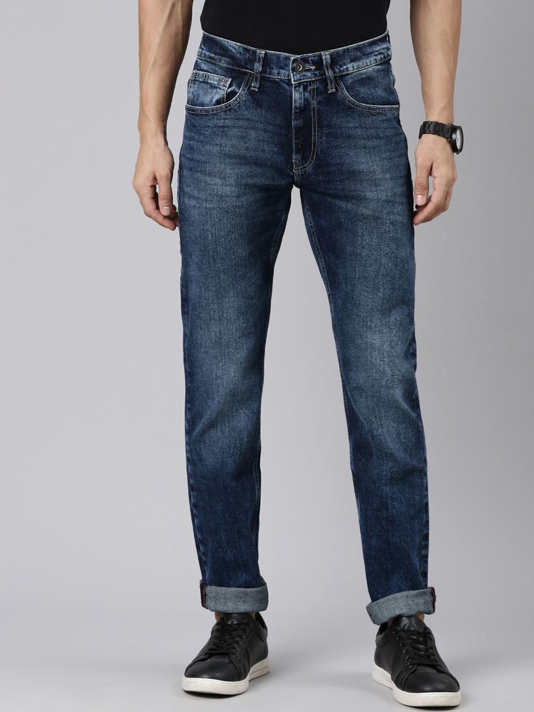 

American Bull Men Cotton Slim Fit Mid-Rise Heavy Fade Stretchable Jeans, Blue