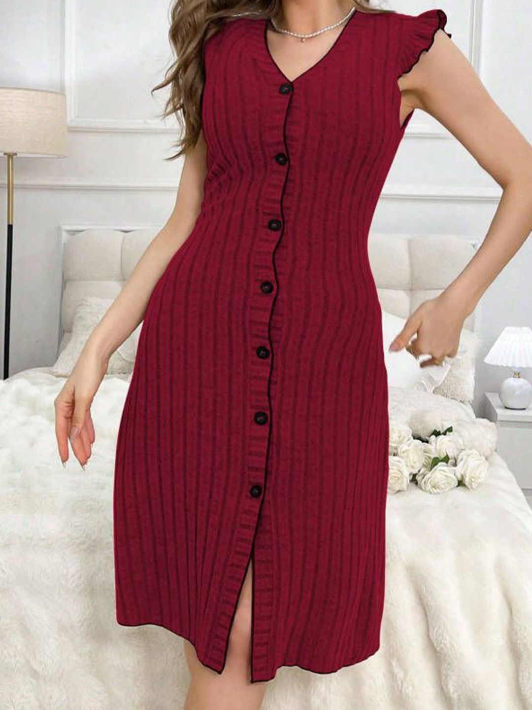 

HERE&NOW Women Striped Wrap Knee Length Dress, Burgundy