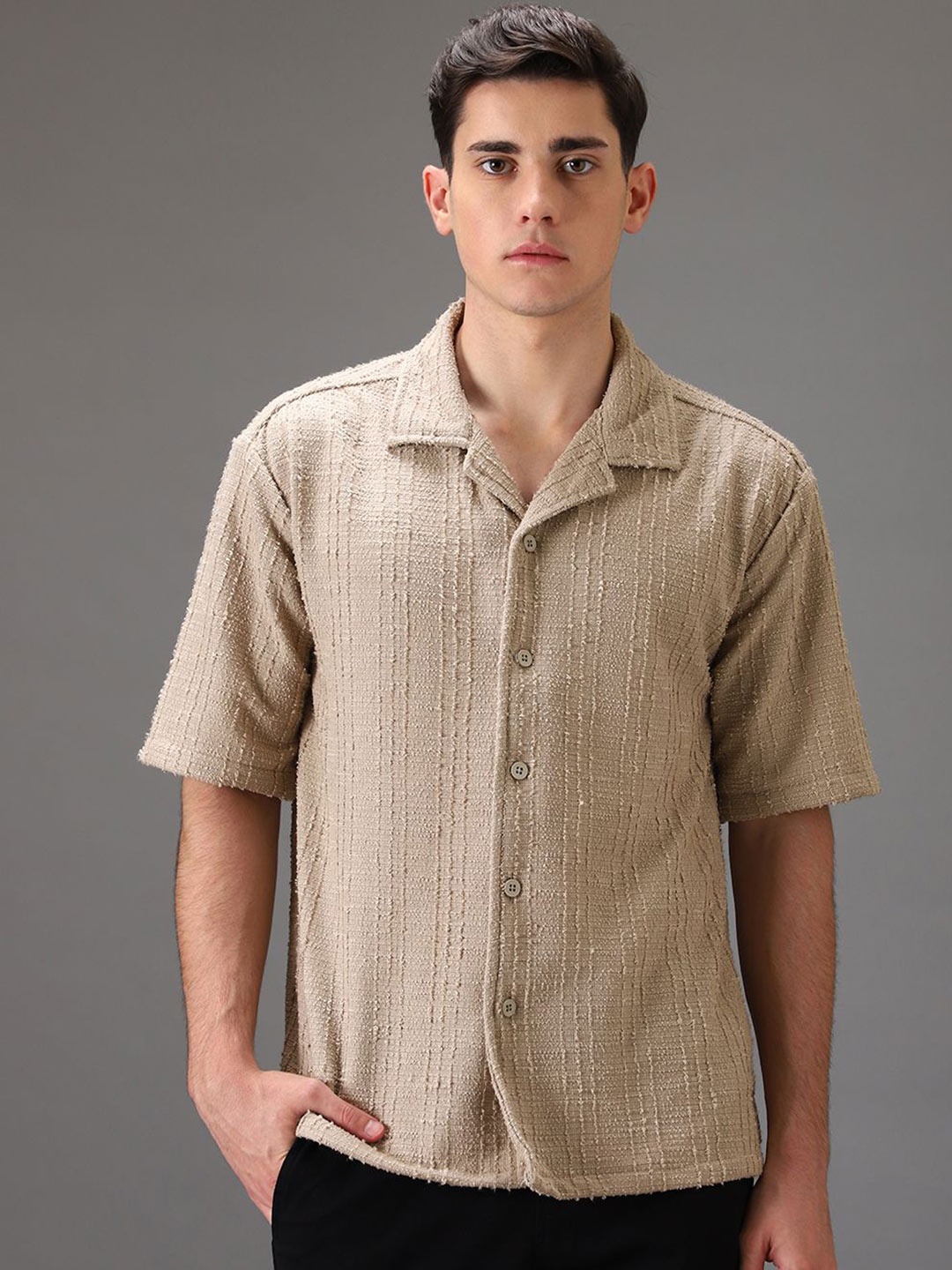 

Banana Club Men Half Sleeves Cuban Collar Knitted Shirt, Beige