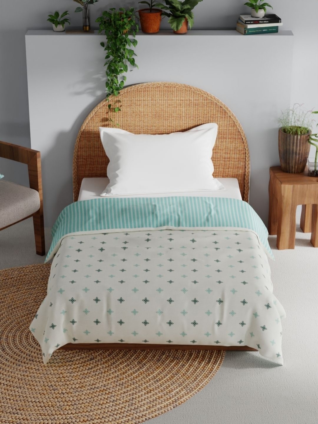 

BIANCA Mezzo Off White & Blue Floral Printed AC Room 150 GSM Pure Cotton Single Bed Dohar