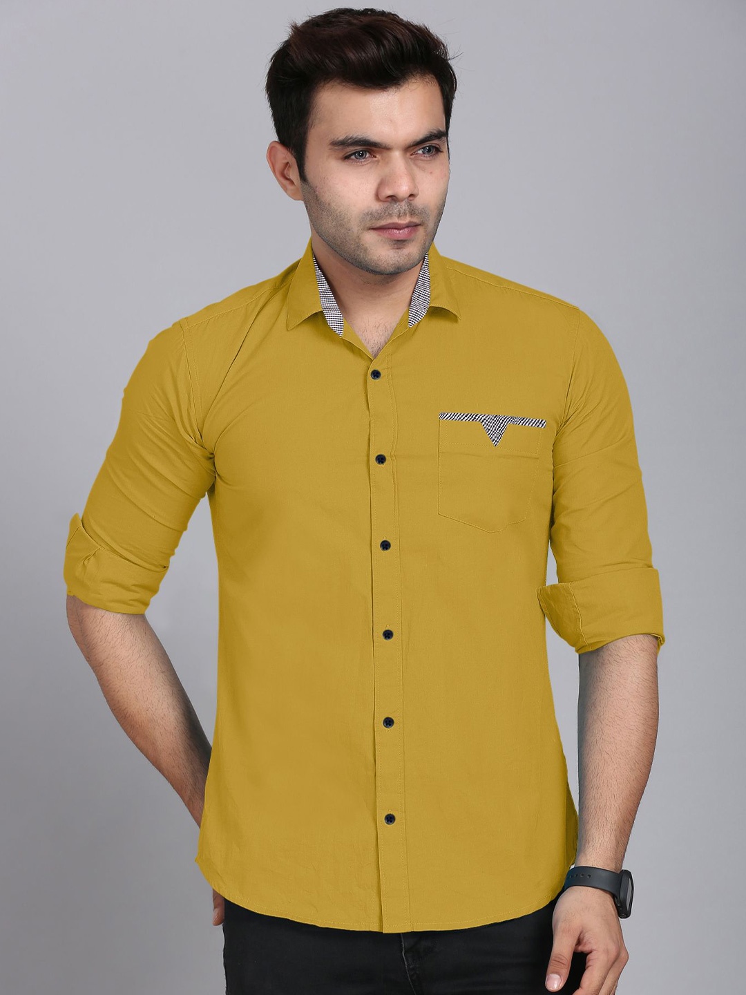 

FINIVO FASHION Men Standard Spread Collar Solid Casual Shirt, Mustard