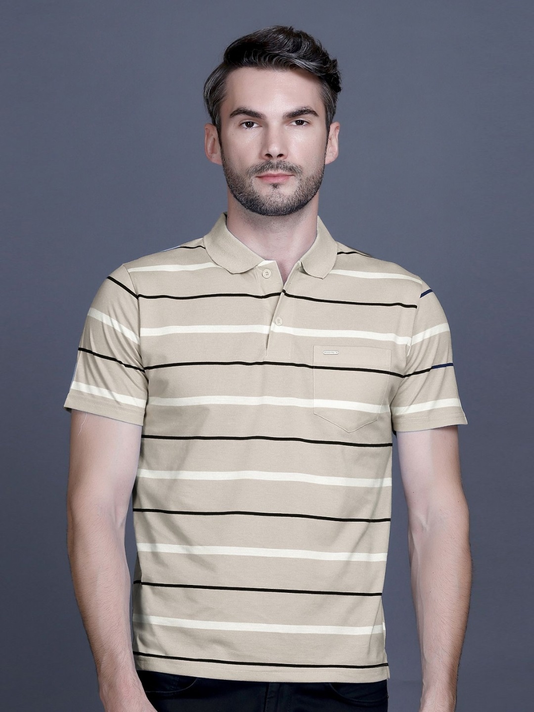 

GODFREY Men Striped Polo Collar Cotton T-shirt, Beige