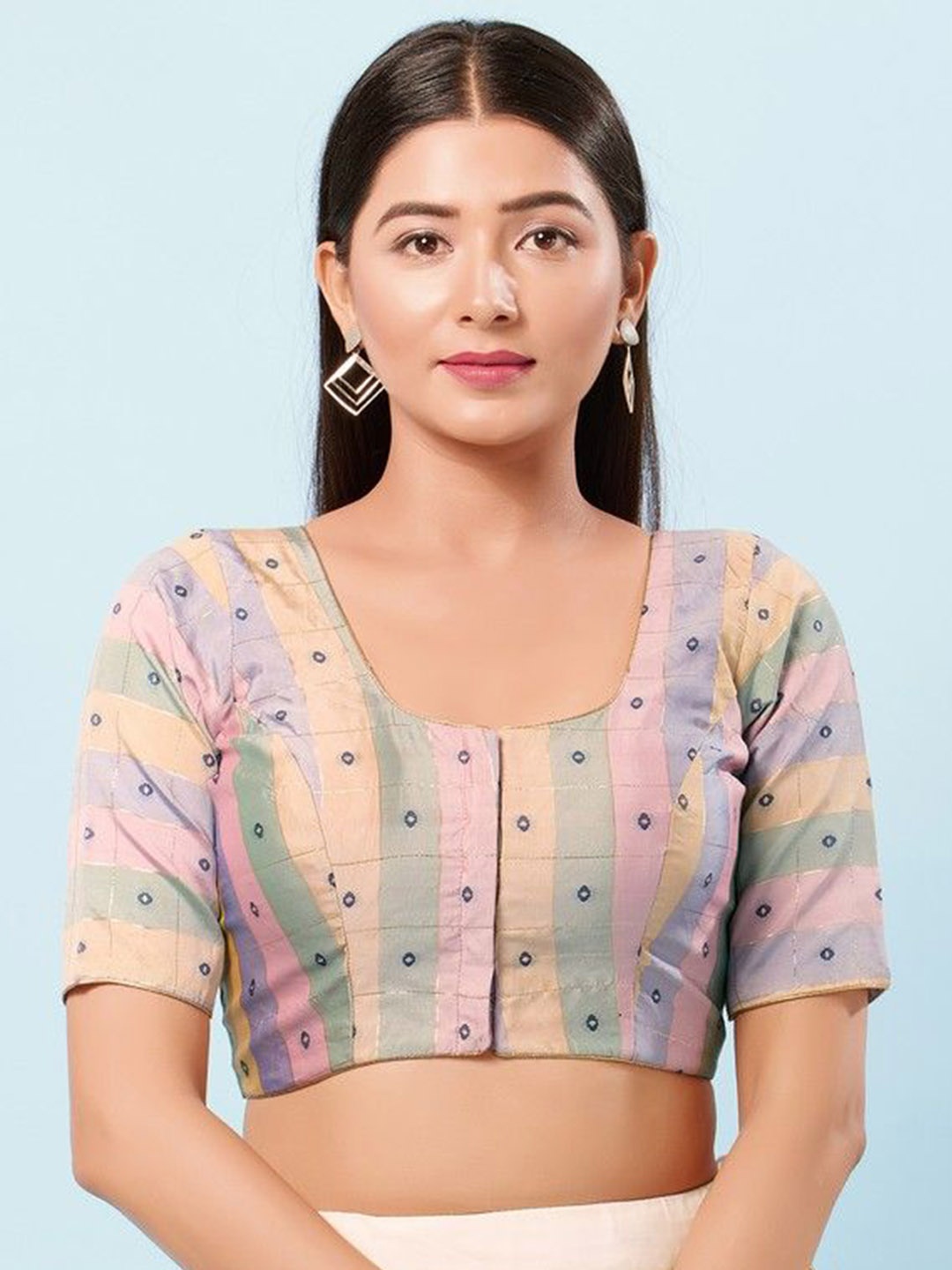 

Mmore Women Woven Design Short Sleeves Padded Saree Blouse, Blue
