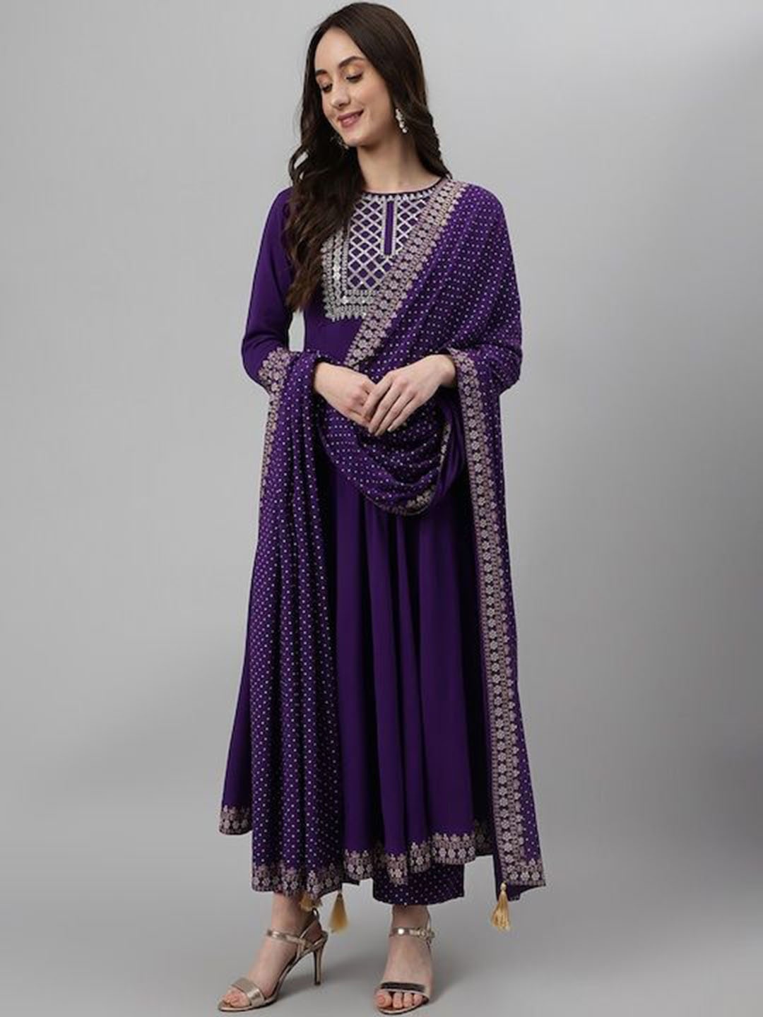 

KALINI Ethnic Motifs Embroidered Kurta With Palazzos & Dupatta, Purple