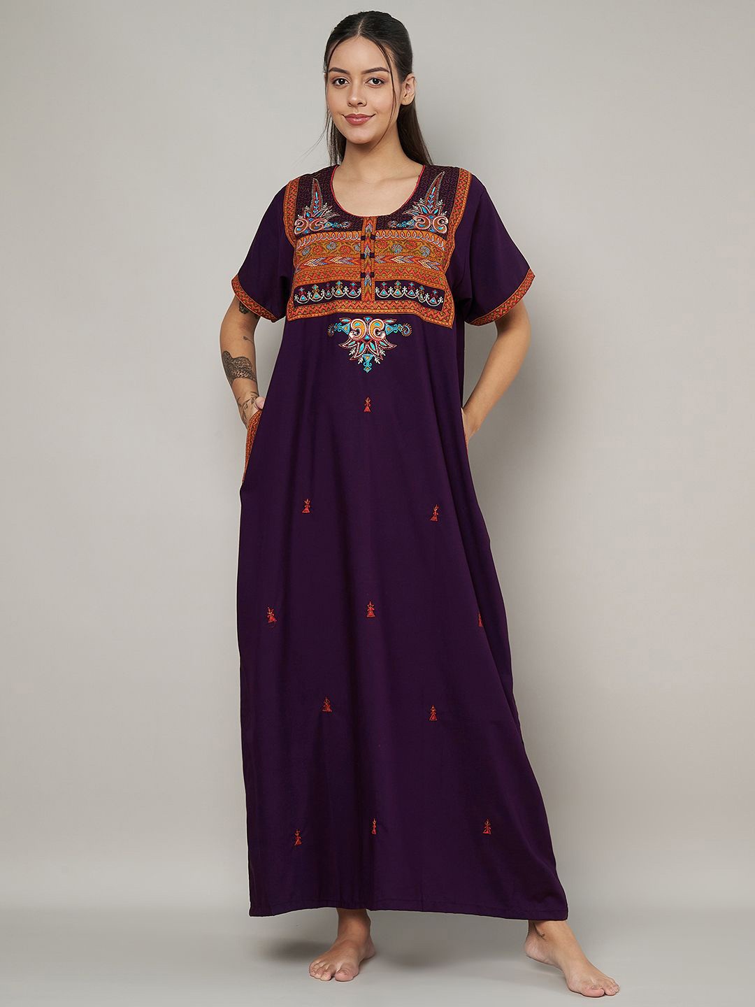 

KOI SLEEPWEAR Women Ethnic Motifs Printed Maxi Nightdress, Purple