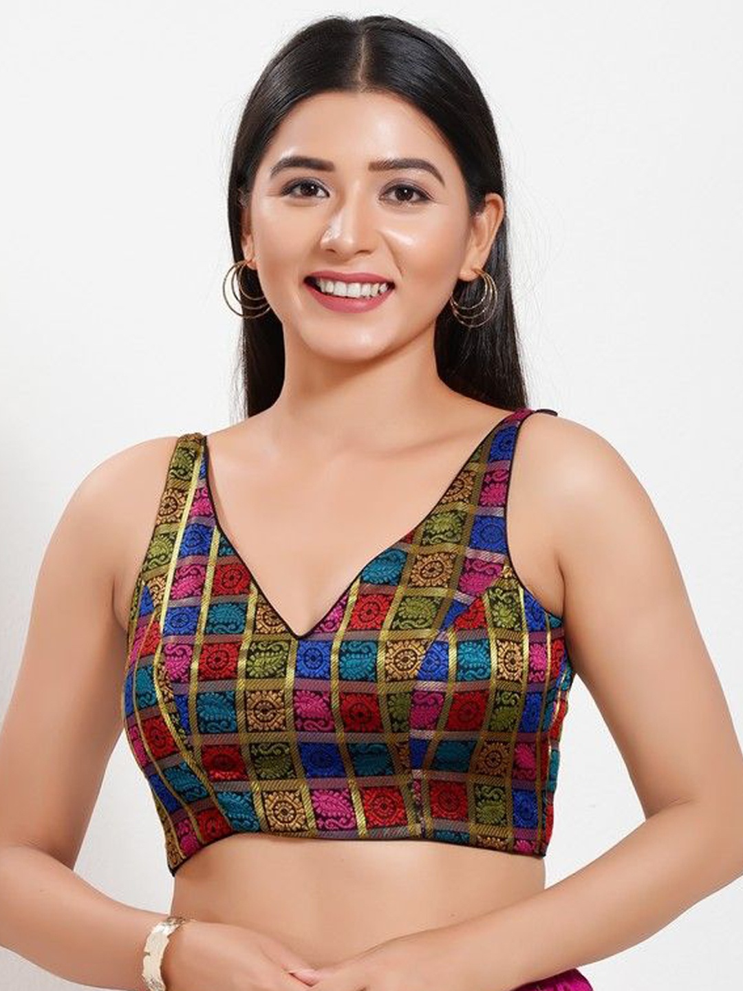 

Mmore Woven DesignPadded Saree Blouse, Black