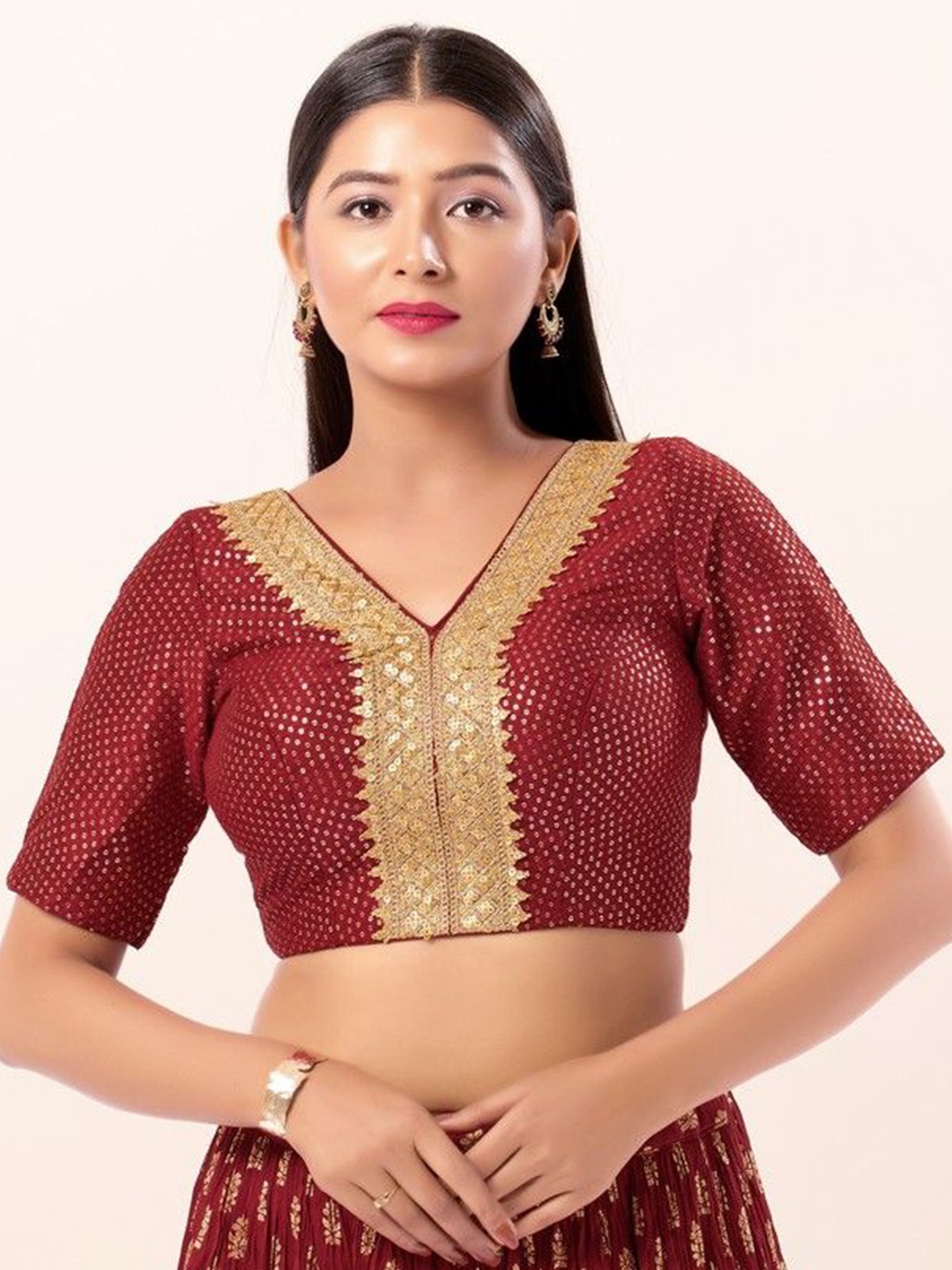 

Mmore Embroidered Sequinned Padded Saree Blouse, Maroon