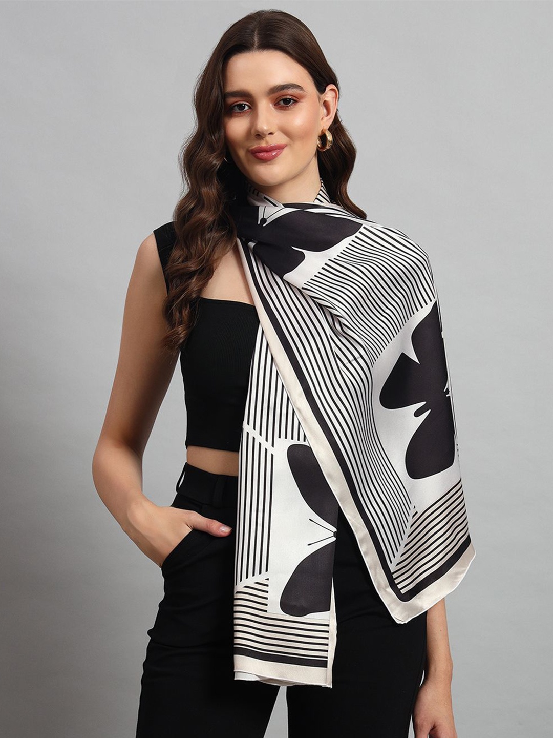 

Ravaiyaa Women Silk Butterfly Printed Scarf, Black
