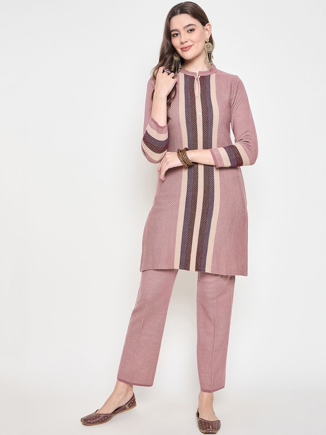 

Knitstudio Striped Printed Keyhole Neck Pure Wool Straight Kurta With Trousers, Pink