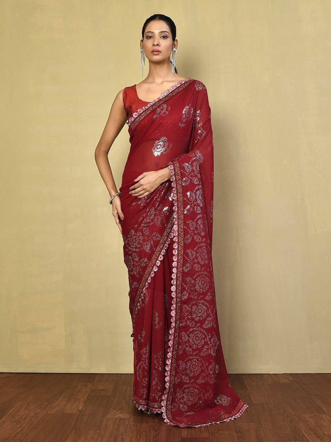 

Nazaakat by Samara Singh Floral Sequinned Poly Georgette Saree, Red