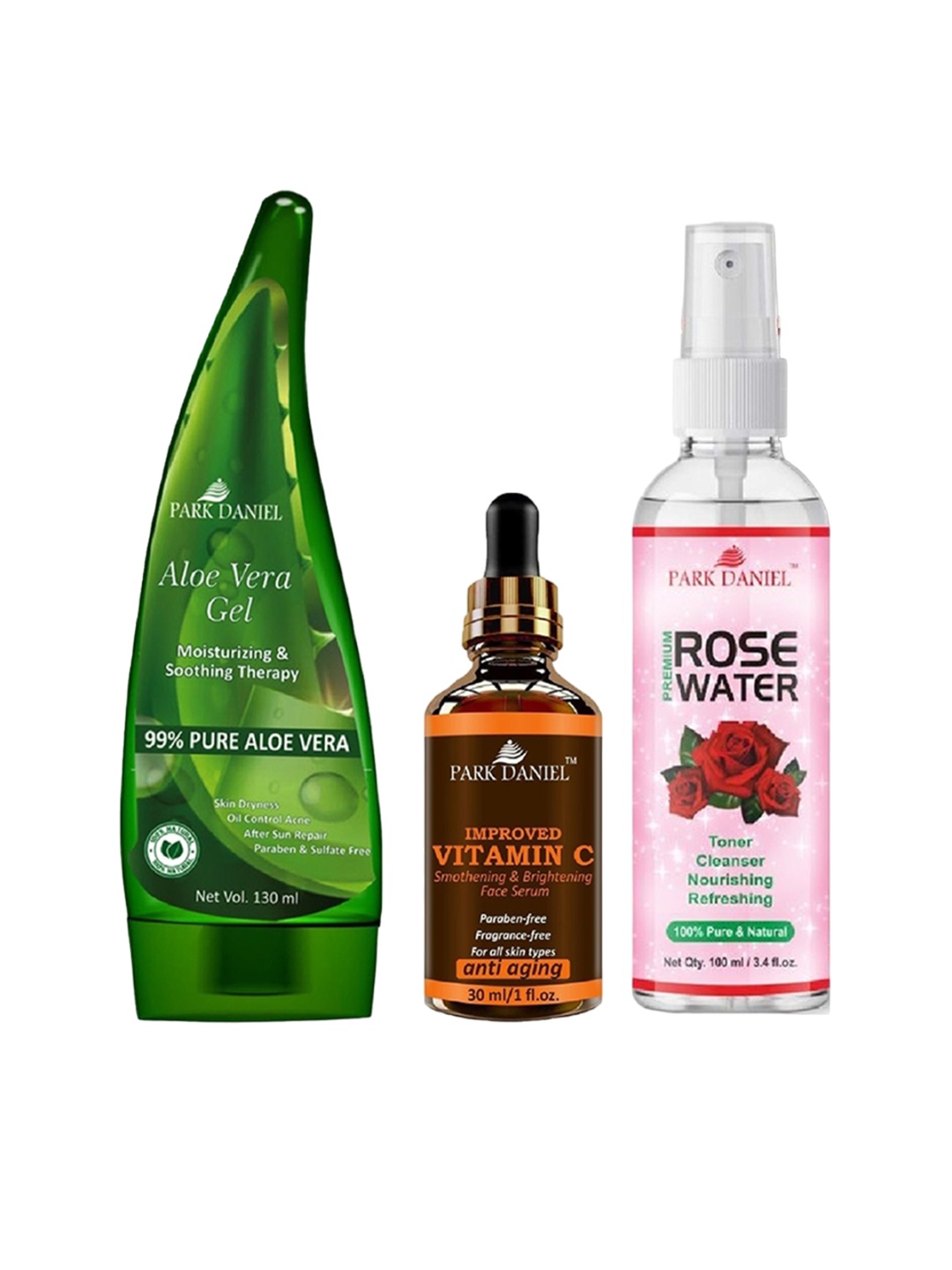 

Park Daniel Set Of 3 Aloevera Gel 130ml with Face Serum 30ml & Rose Water 100ml, Multi
