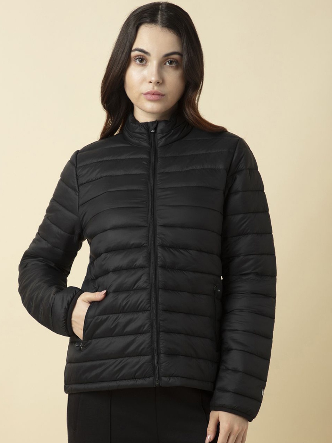 

Van Heusen Women Solid Full Sleeves Puffer Jacket, Black