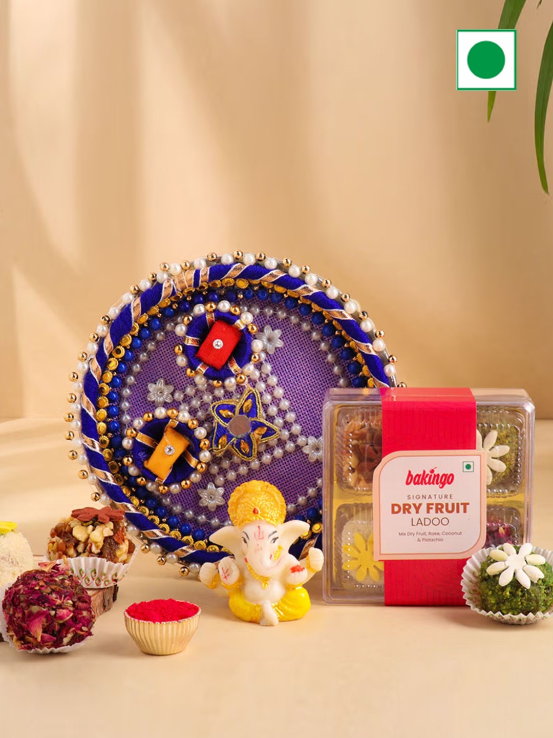

Floweraura Set Of 6 Pooja Thali, Idol & Dry Fruit Laddoo In Box, Purple