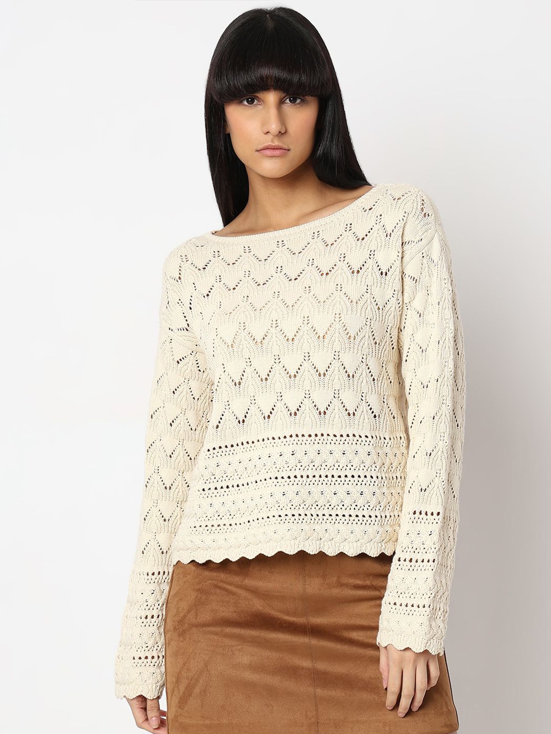 

Vero Moda Women Cotton Self Design Pullover Sweaters, Beige