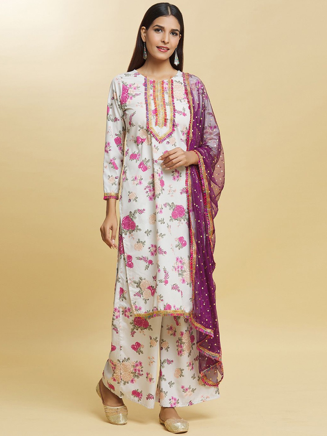 

Adara Khan Floral Printed Regular Straight Kurta with Palazzos & Dupatta, Yellow