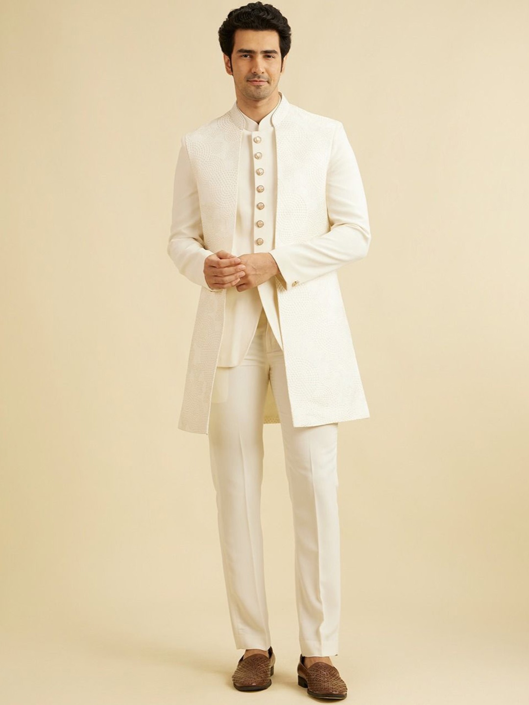 

Manyavar Men Embroidered Indo Sherwani Set, Cream