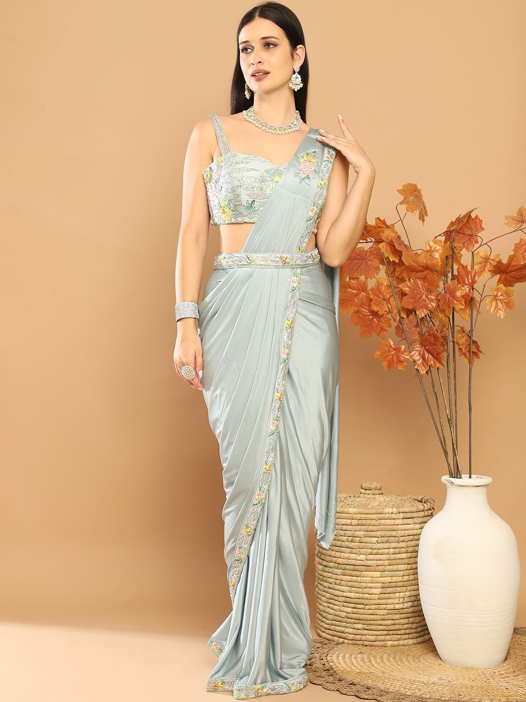 

Grancy Sequinned Ready to Wear Leheriya Saree, Grey