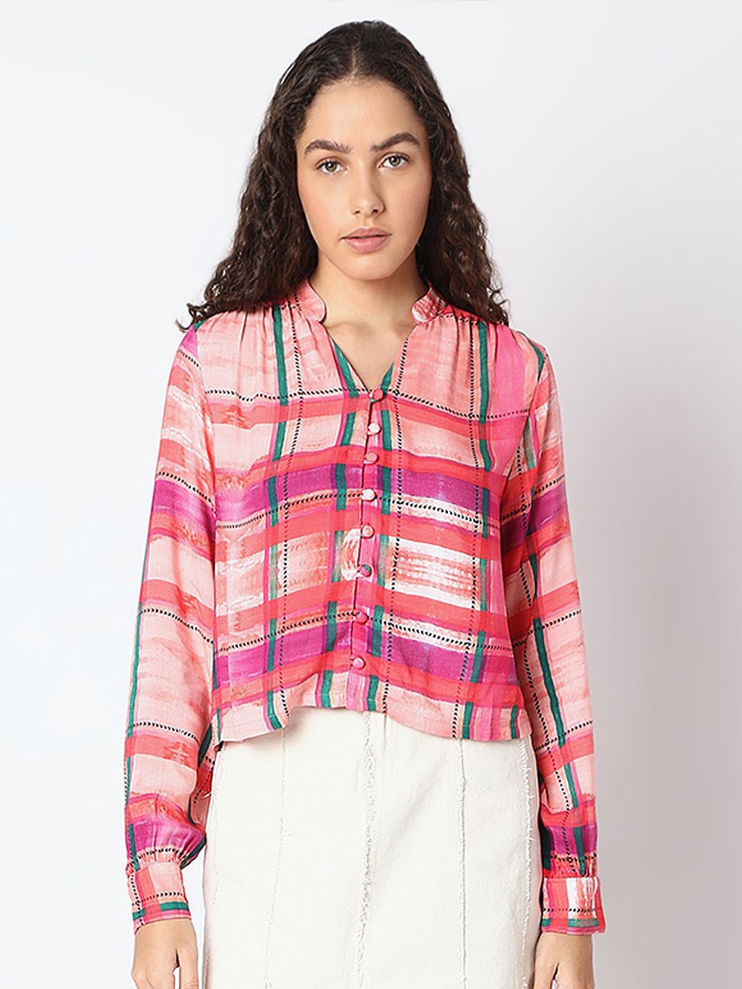 

Vero Moda Women Checked Mandarin Collar Top, Pink