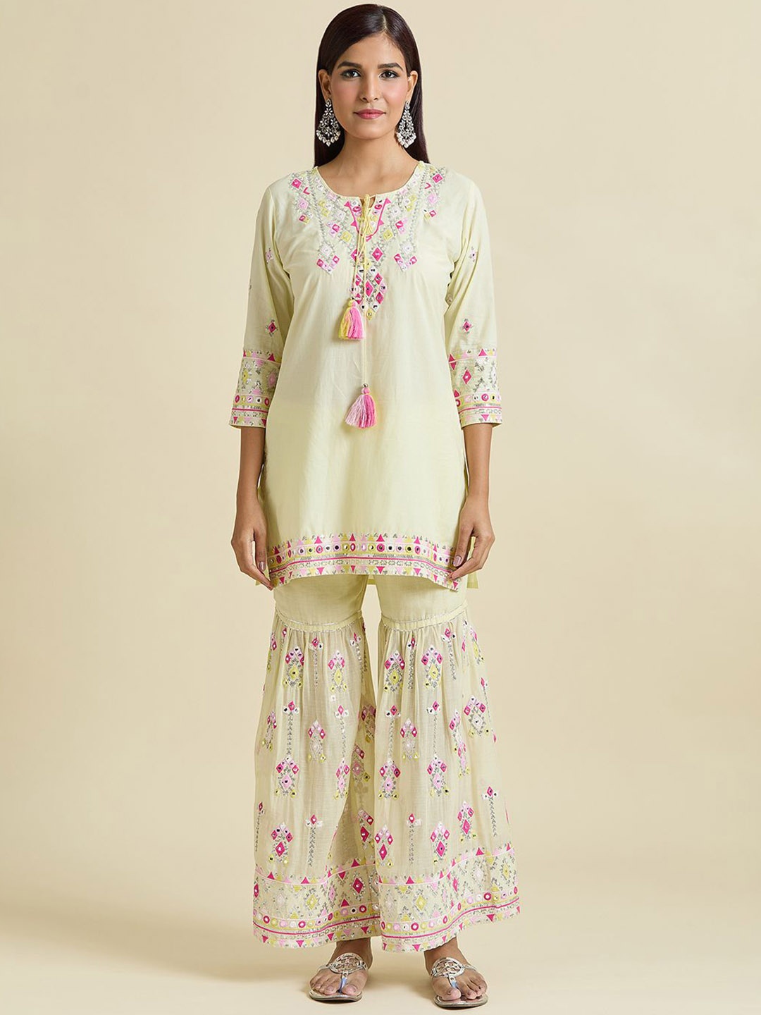 

Adara Khan Floral Embroidered Mirror Work Pure Cotton Kurti with Sharara & Dupatta, Yellow