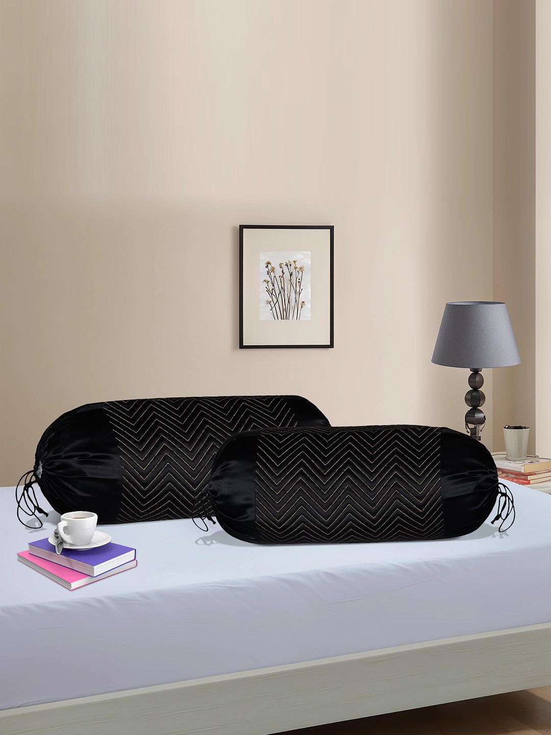 

Kuber Industries Black & Beige 2 Pieces Zig Zag Embroidered Bolster Covers