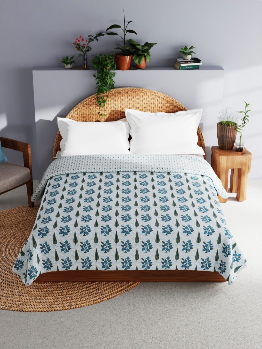 

BIANCA Blue & White Floral AC Room Pure Cotton 150 GSM Double Bed Dohar