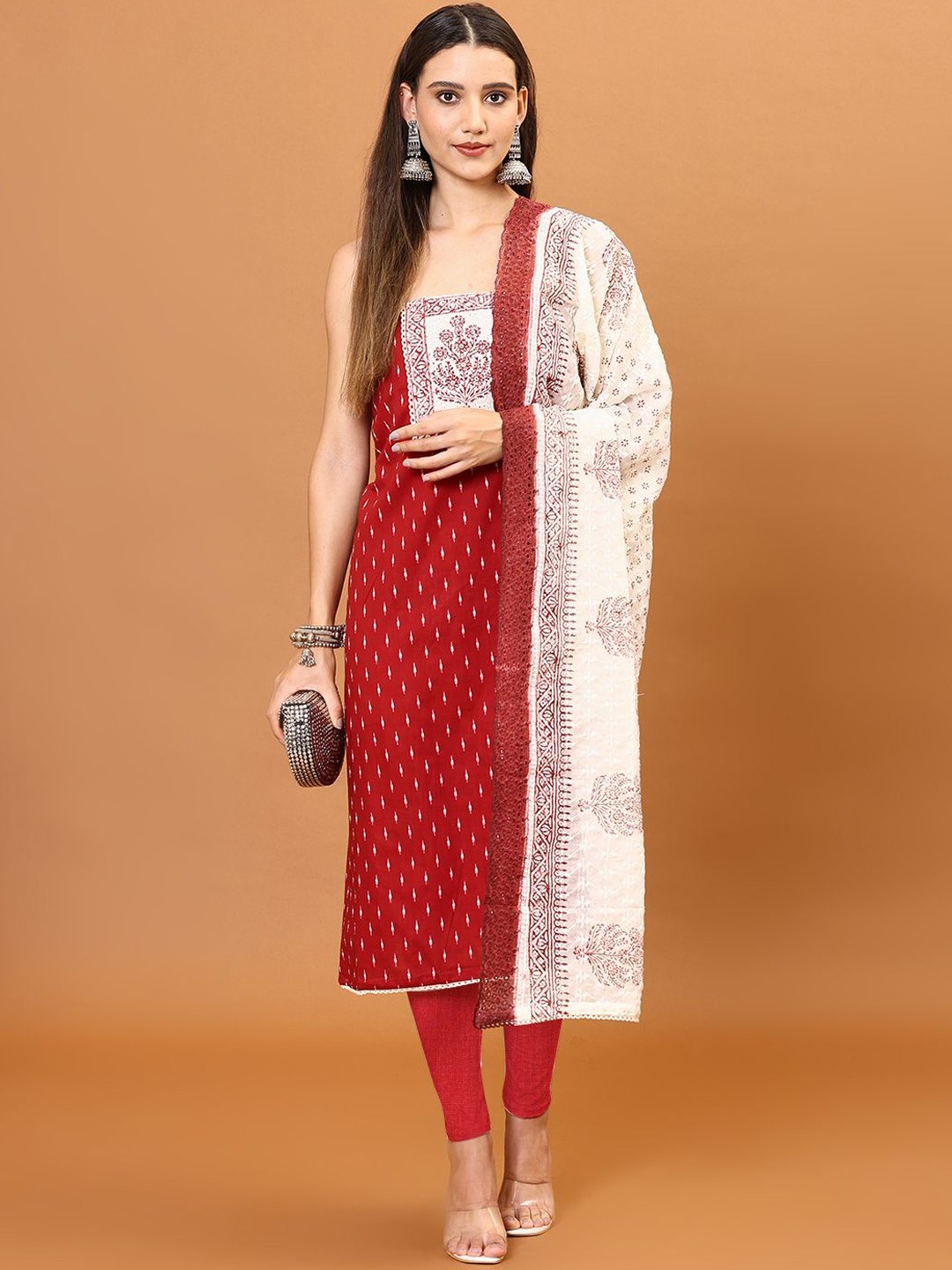 

Meena Bazaar Geometric Printed Cotton Unstitched Dress Material, Maroon
