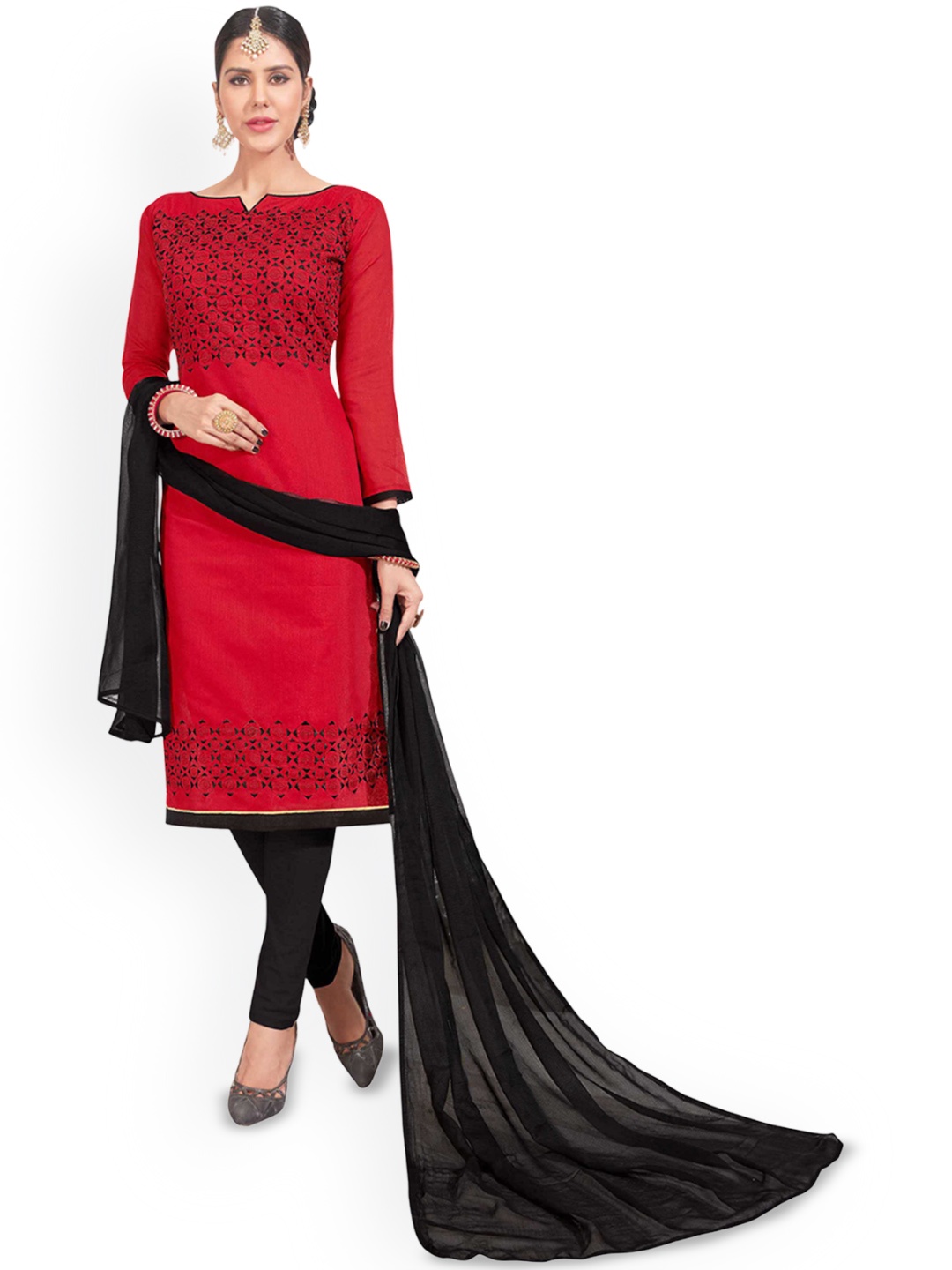 

Maroosh Embroidered Thread Work Unstitched Dress Material, Red