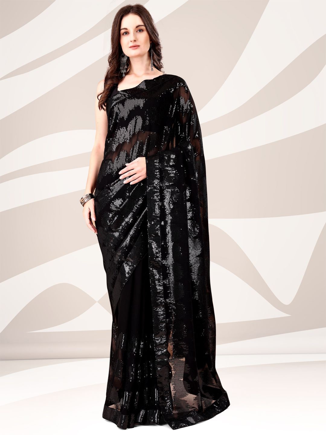

Indian Women Embellished Sequinned Pure Georgette Saree, Black