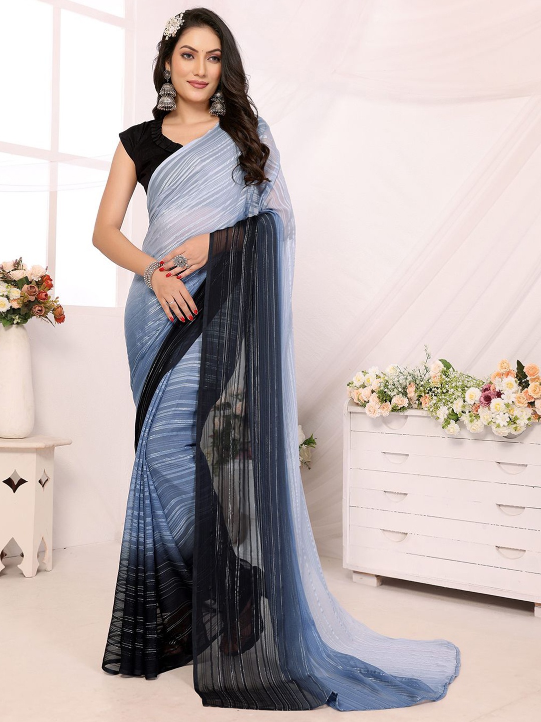 

Moda Rapido Striped Satin Saree, Grey