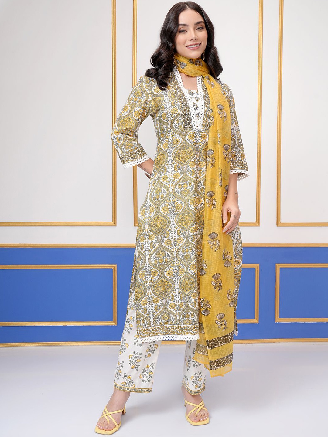 

Vishudh Floral Printed V-Neck Regular Pure Cotton Kurta With Trouser With Dupatta, Cream