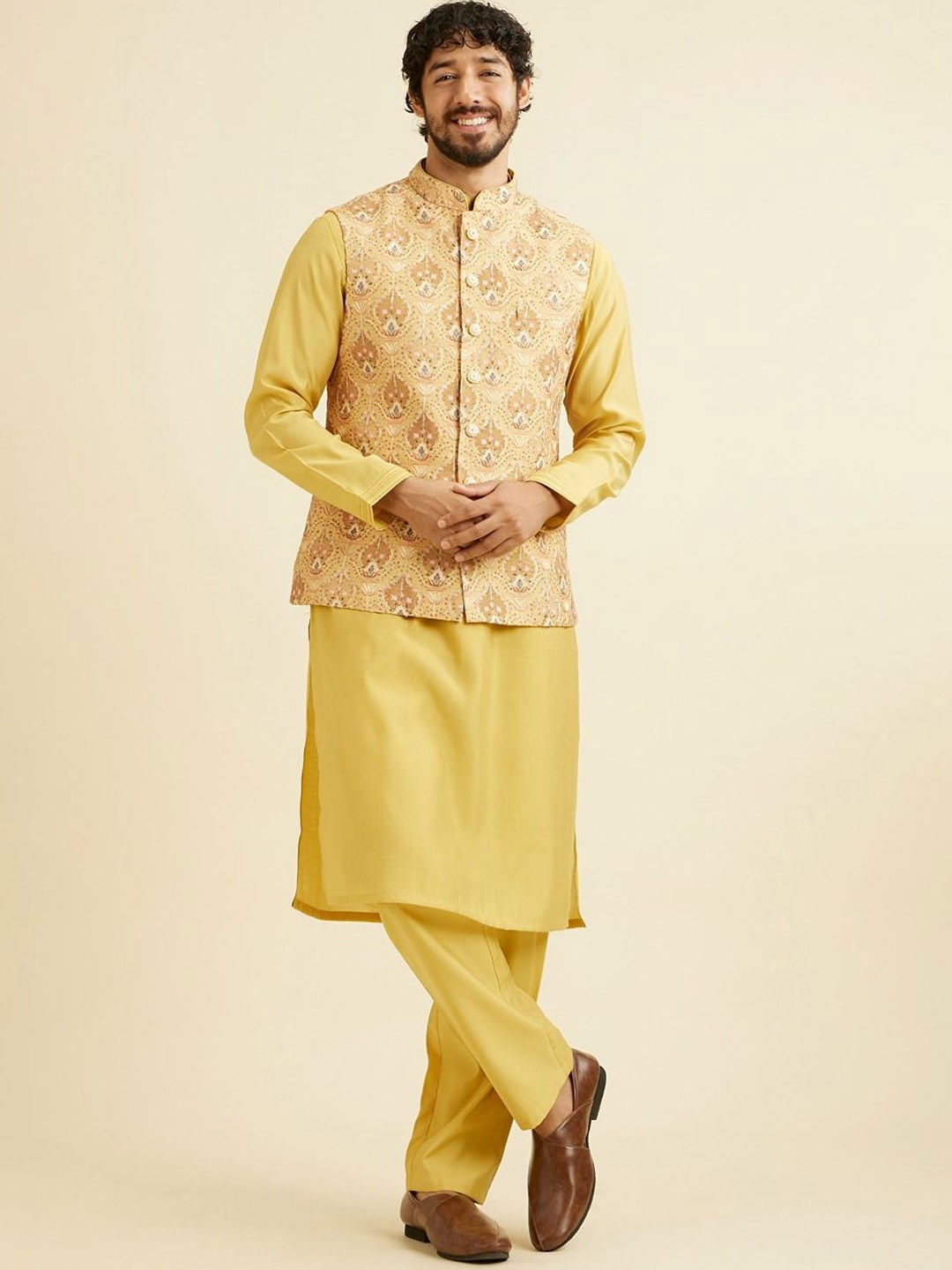 

Manyavar Straight Kurta and Trousers with Embroidered Jacket, Yellow
