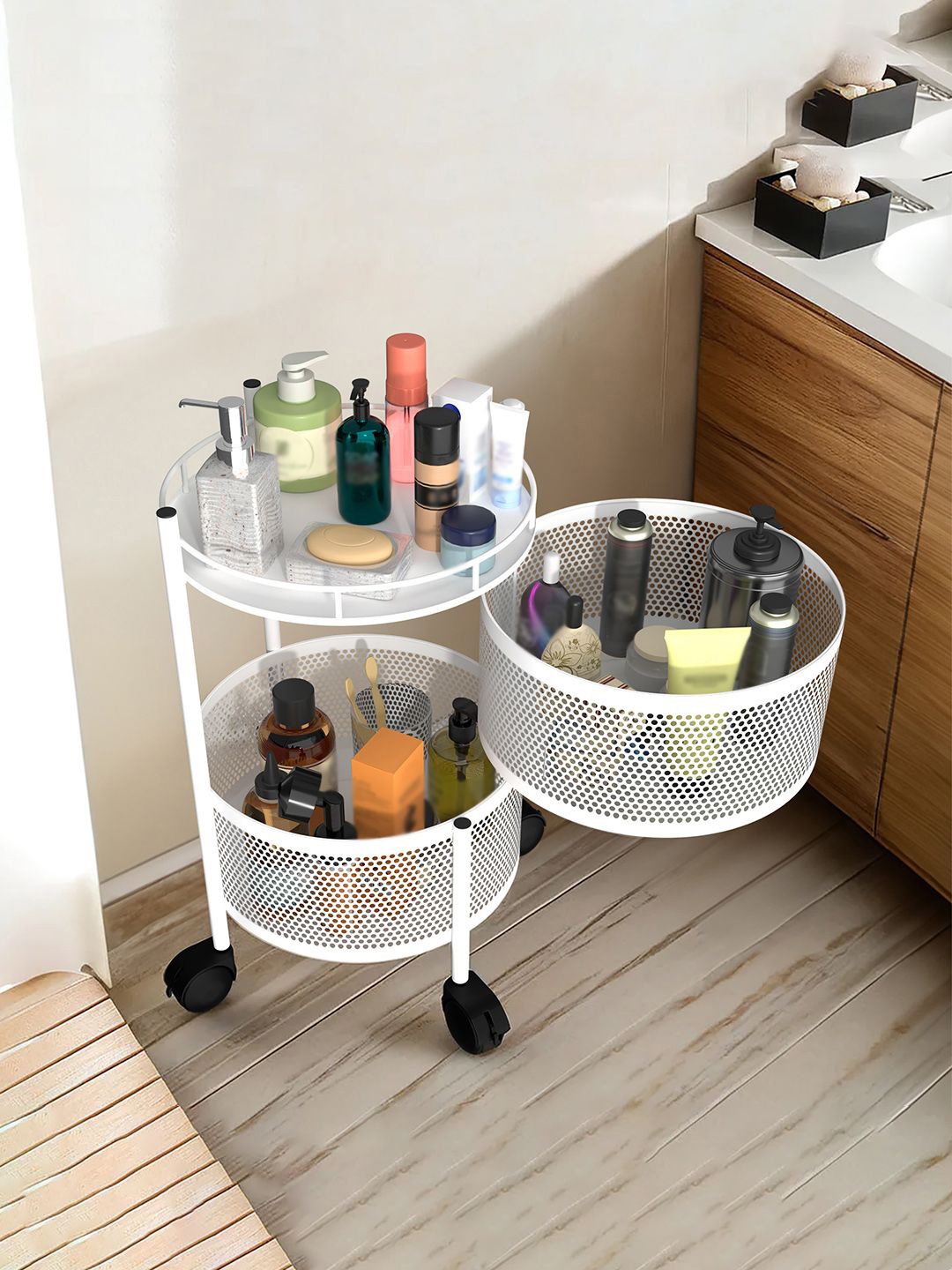 

Kuber Industries White 2 Pieces Textured Rotating 2-Tier Multi-Utility Organisers