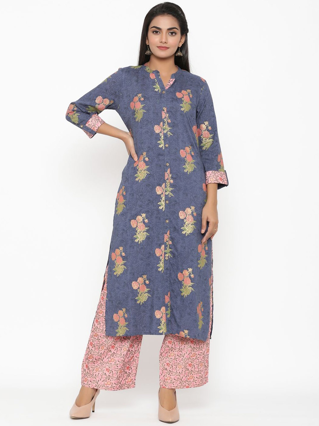 

Anouk Blue Floral Printed Mandarin Collar Straight Kurta With Palazzo