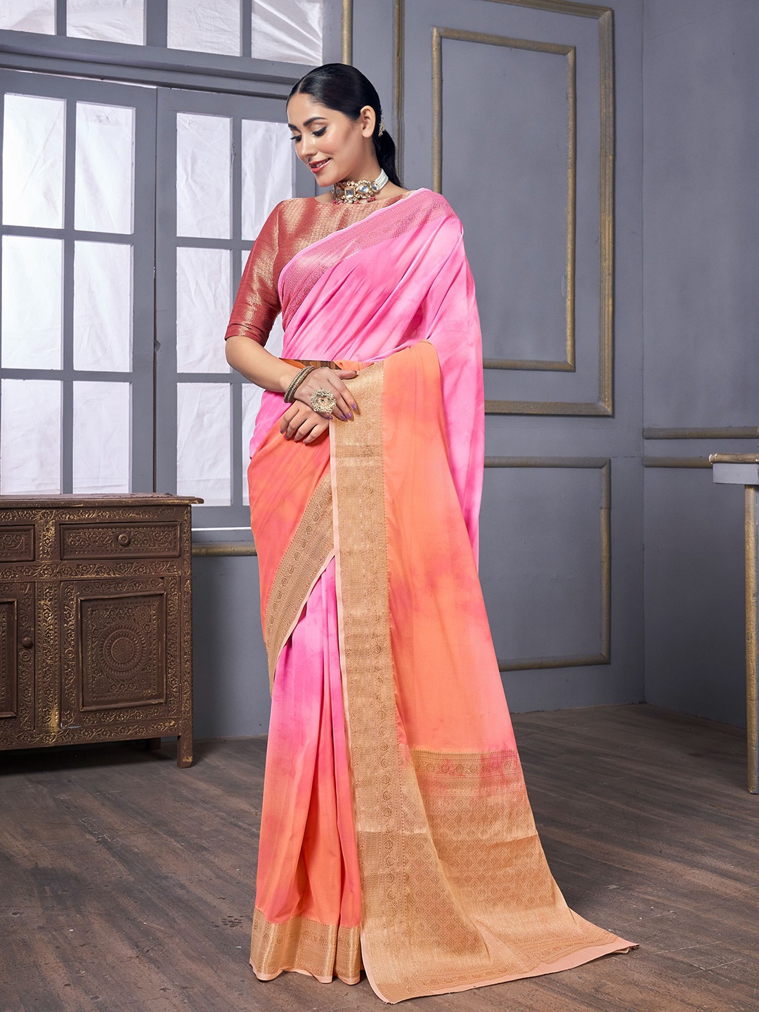 

SUI DHAGA Colourblocked Zari Pure Cotton Saree, Pink