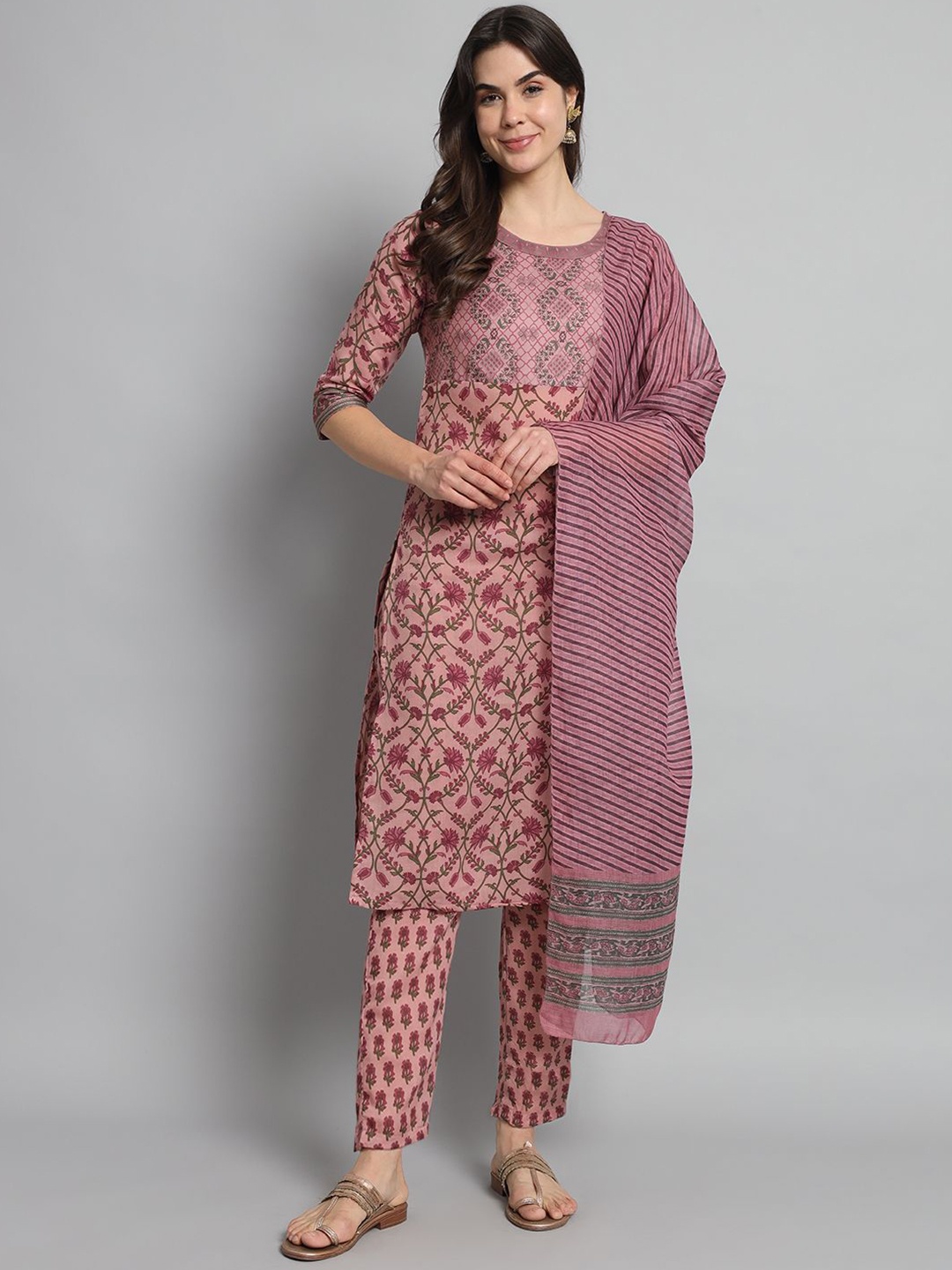 

BHUMIKA CREATION Floral Printed Thread Work A-Line Kurta With Trouser & Dupatta, Pink