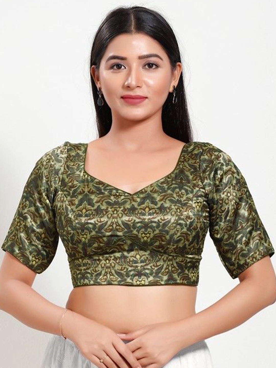 

Mmore Printed Silk Readymade Padded Saree Blouse, Green