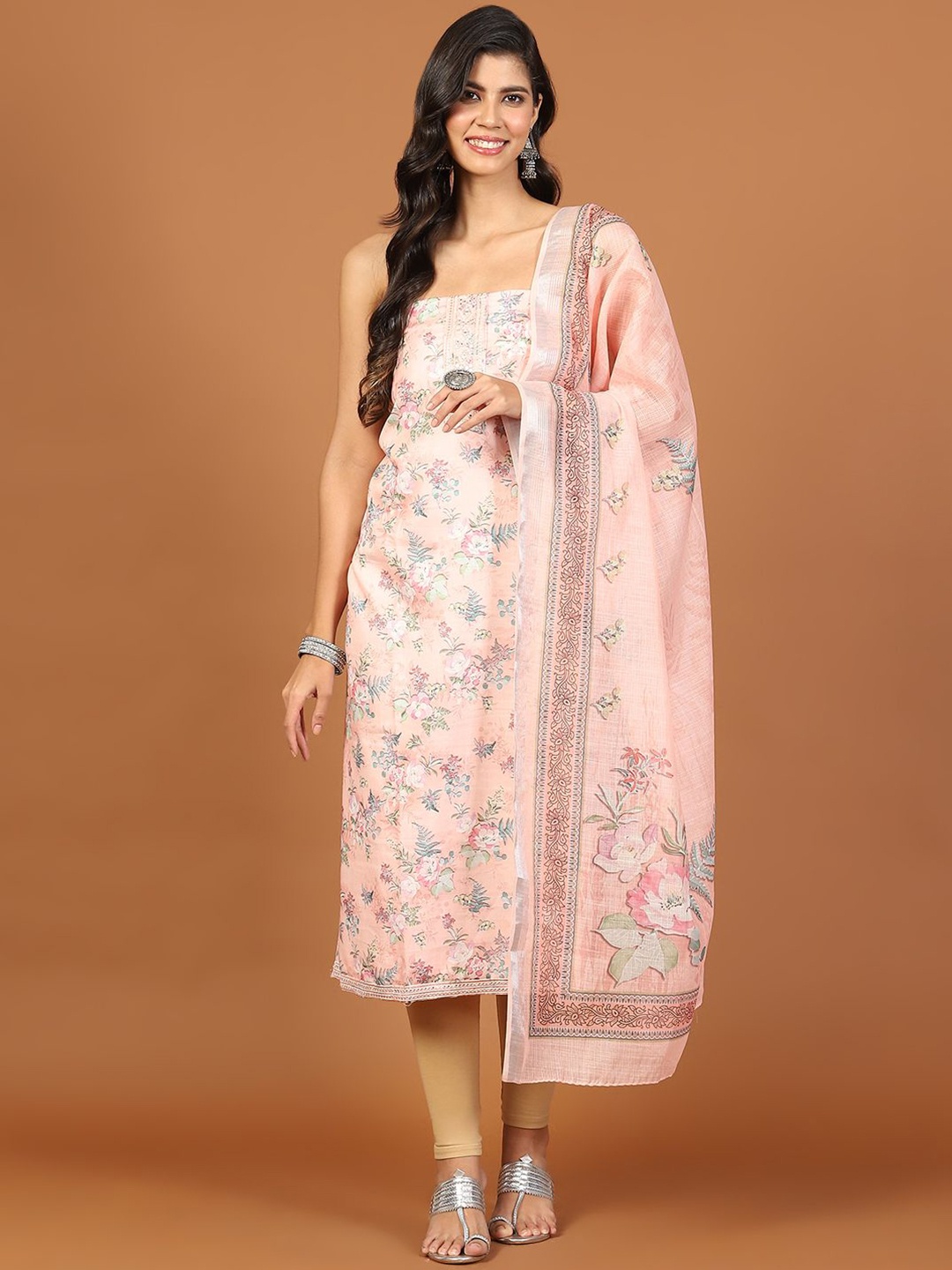

Meena Bazaar Floral Printed Mirror Work Cotton Unstitched Dress Material, Peach