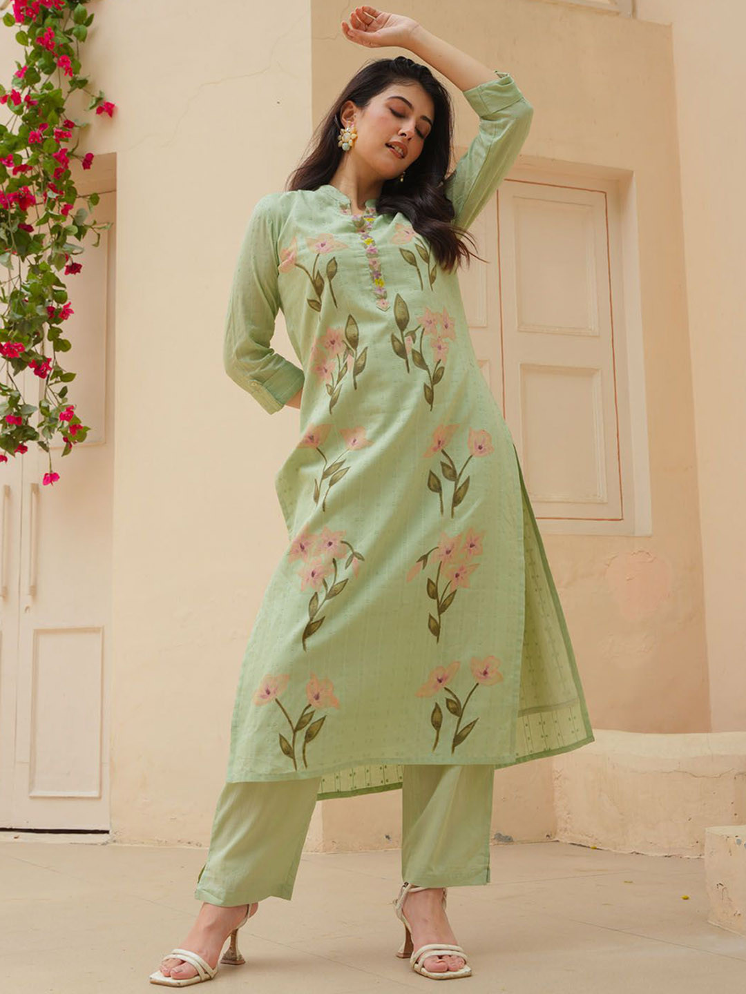 

FASHION DWAR Floral Printed Pure Cotton Tunic & Trousers Co-Ords, Green