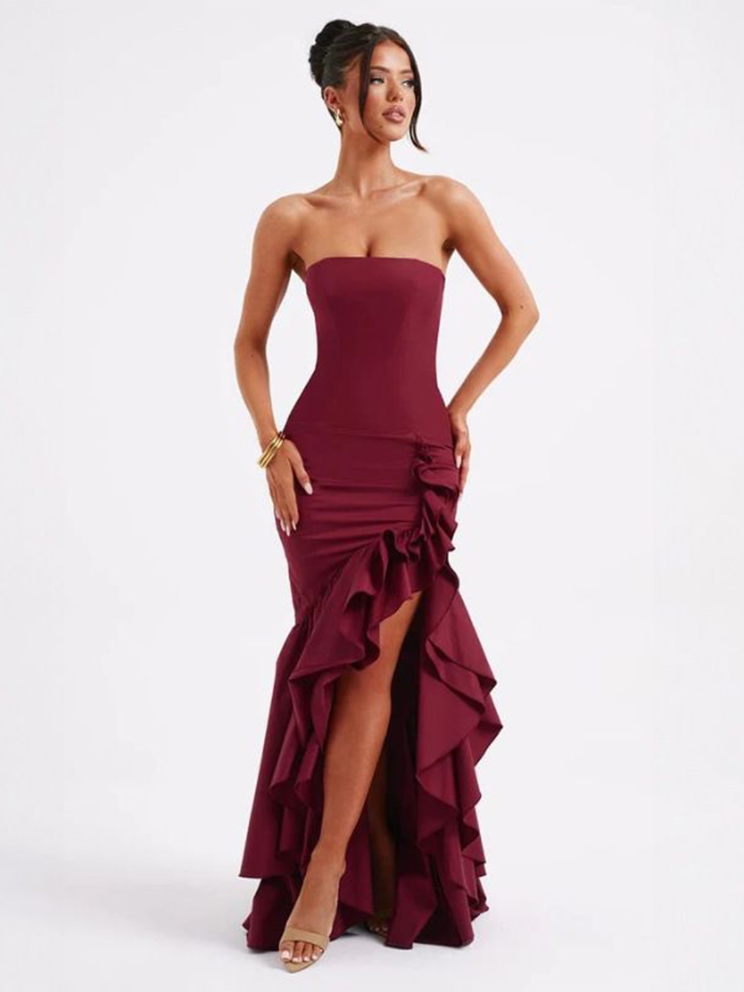 

MIAKEE Women Strapless Sheath Maxi Dress, Maroon