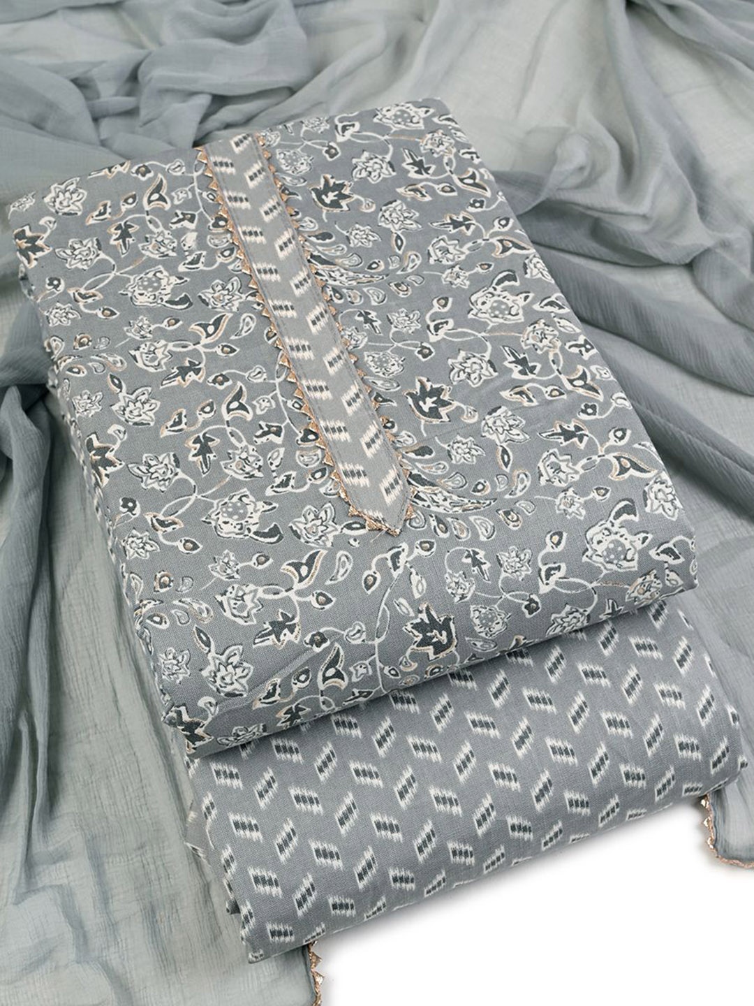 

Sun Fashion And Lifestyle Floral Printed Gotta Patti Unstitched Dress Material, Grey