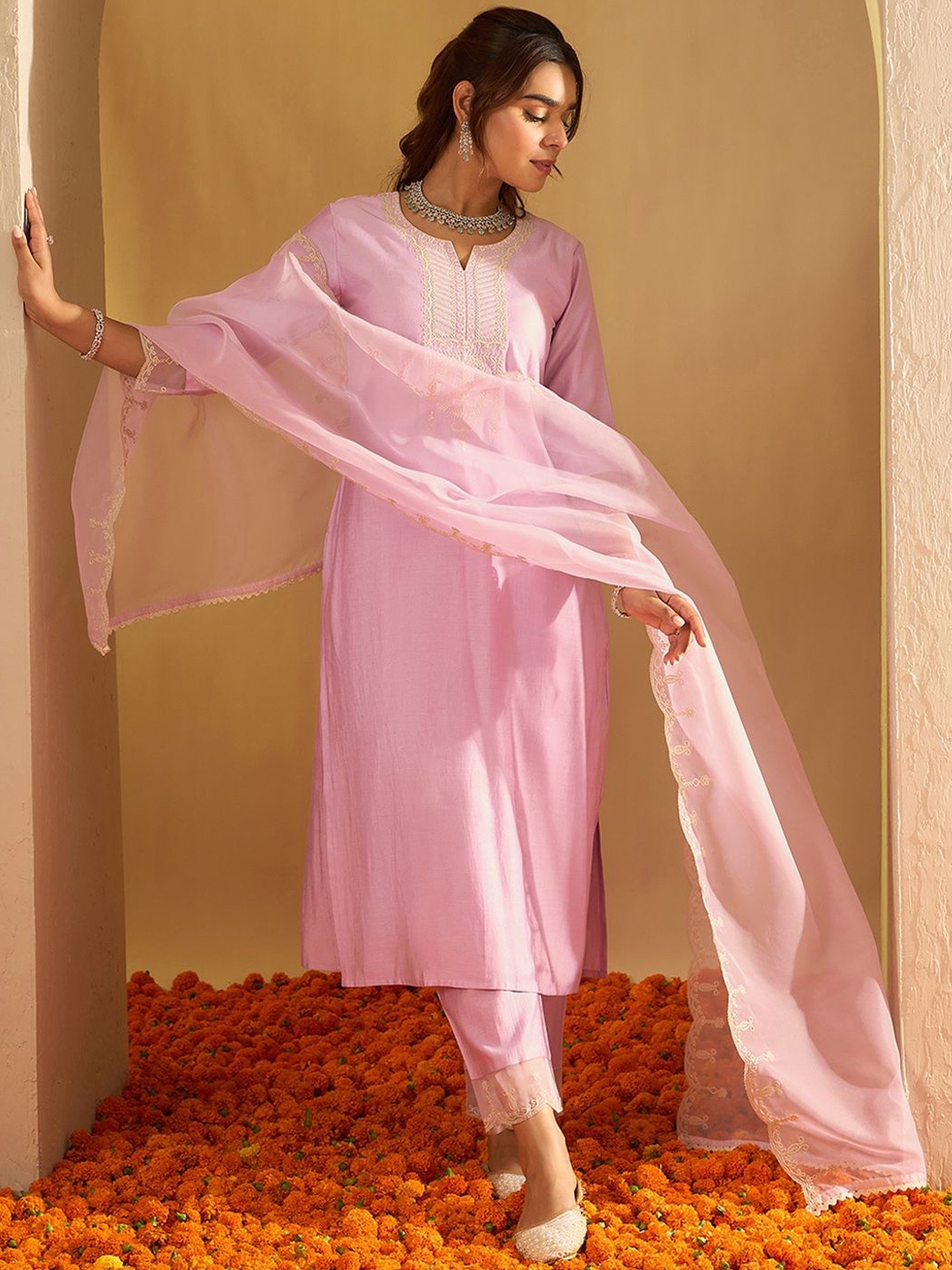 

Indo Era Floral Yoke Design Straight Sequinned Liva Kurta with Trousers & Dupatta, Lavender