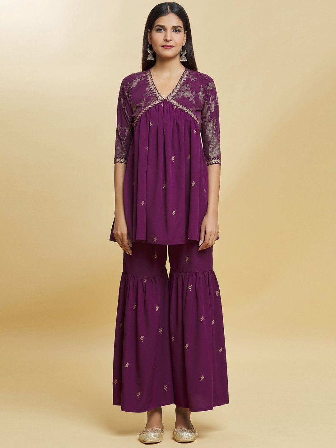 

Adara Khan Women Floral Embroidered Empire Thread Work Kurti with Sharara, Purple