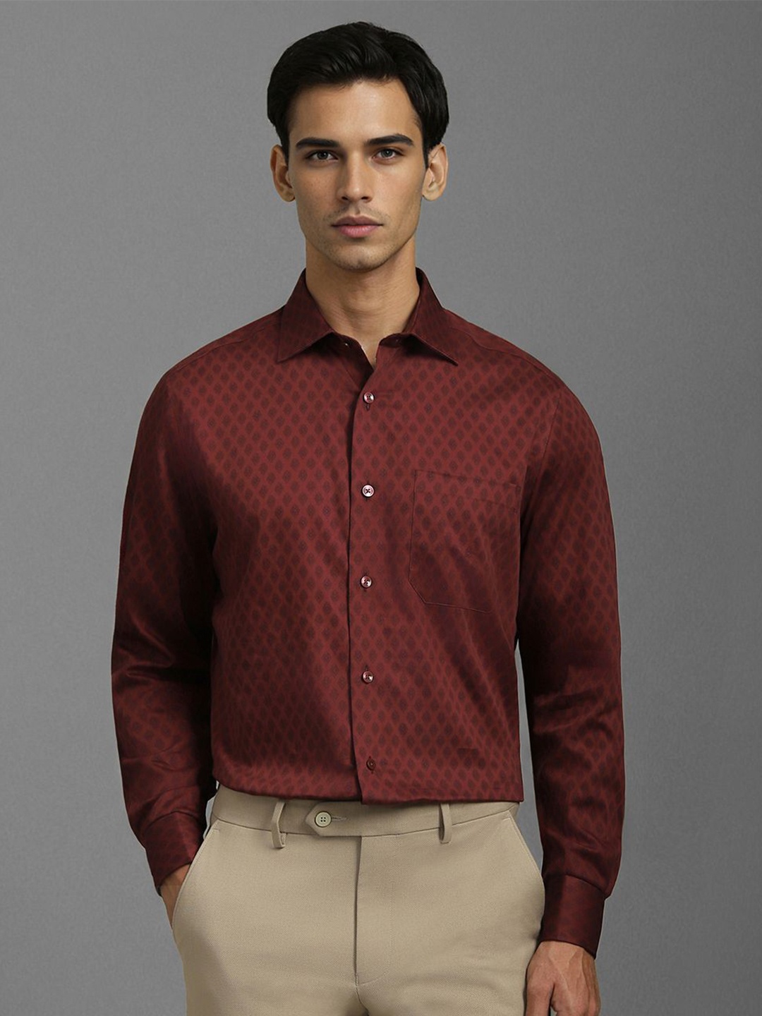 

Louis Philippe Men Classic Spread Collar Geometric Printed Cotton Formal Shirt, Maroon