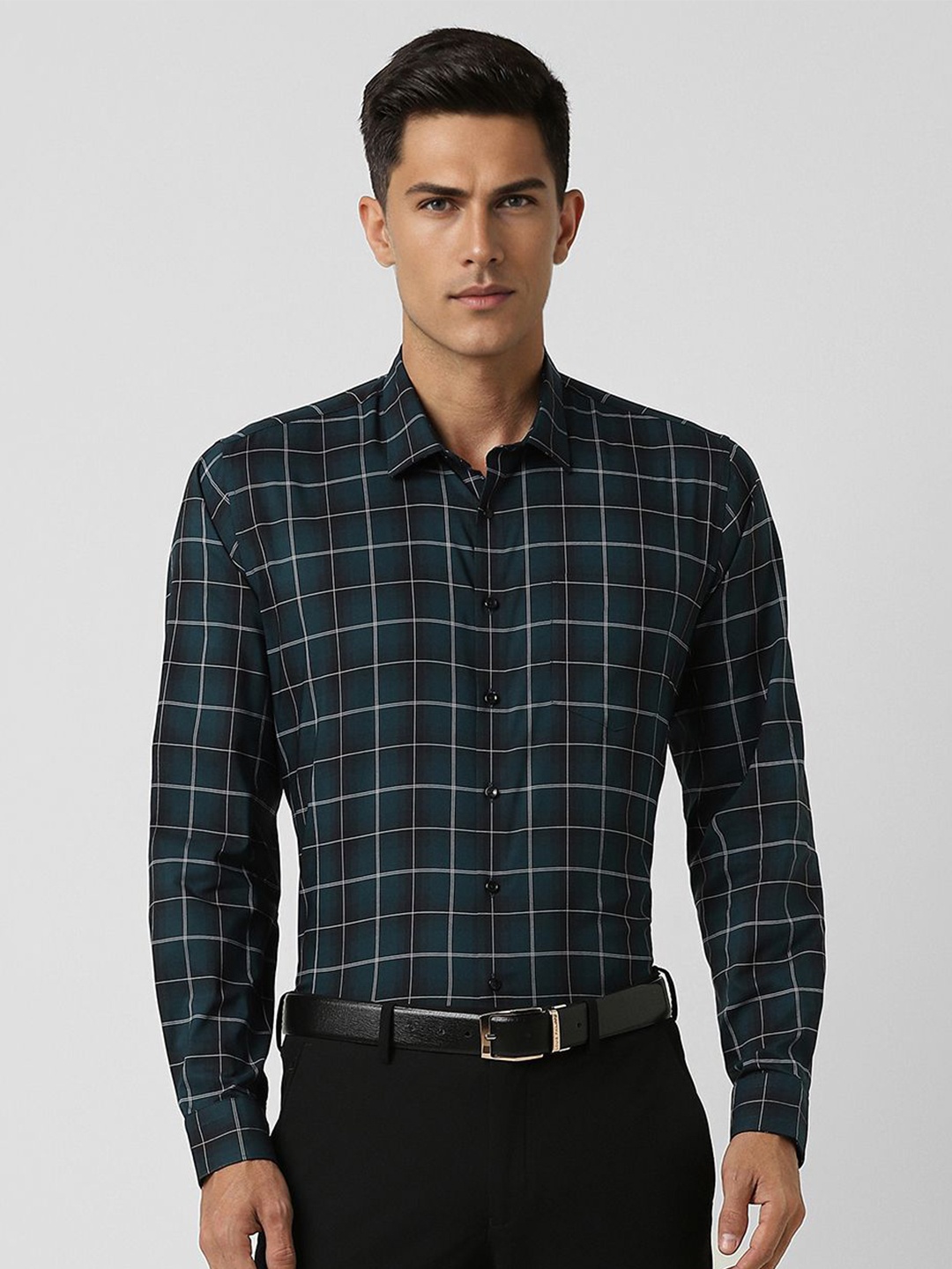 

Van Heusen Men Spread Collar Checked Cotton Slim Fit Formal Shirt, Green