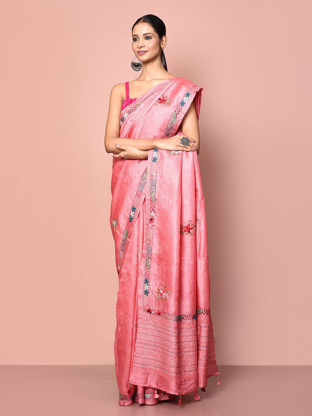

Nazaakat by Samara Singh Floral Embroidered Tissue Saree, Pink
